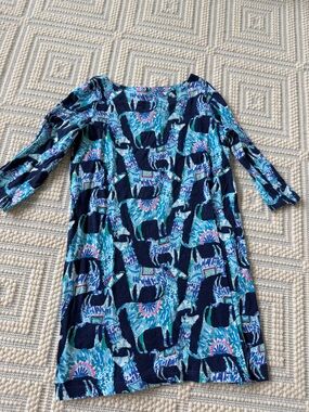 Lilly Pulitzer Girls Navy Blue Aqua Llama Print Casual Dress